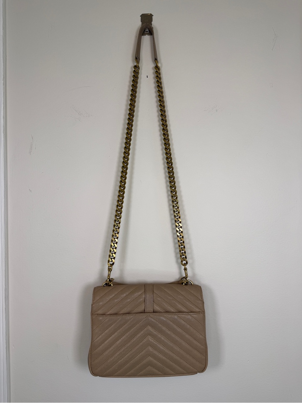 100% AUTH YSL Saint Laurent Dark Beige Sheepskin Matelassé Chevron College Bag - Picture 8 of 14